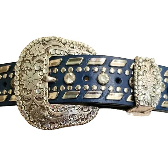 Nocona Blue Leather Belt Clear Crystal Stud Silver Tone Buckle Western Small 26" - Picture 15 of 16